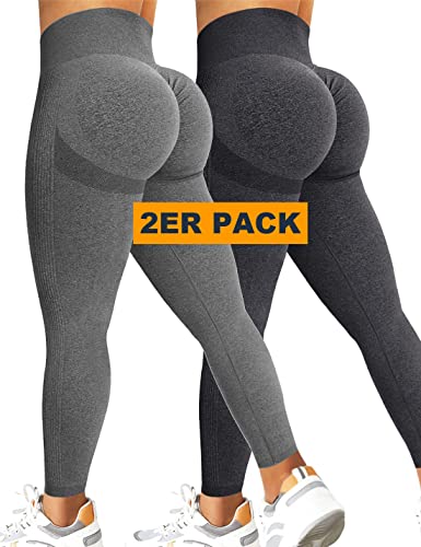 Kuzimua 2 Pares Leggins Deportivos Mujer Push Up, Mallas Deporte Mujer Elásticos de Cintura Alta Tallas Fit Yoga Gym Pilates (L, B05 Gris Oscuro+Gris)