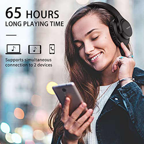 KVIDIO Auriculares Supraaurales Inalámbricos, 65 Horas de Reproducción Auriculares Bluetooth, Cascos Ligeros Plegables con Micrófono, Graves Profundos (Negro)