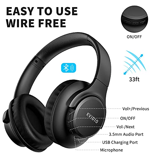 KVIDIO Auriculares Supraaurales Inalámbricos, 65 Horas de Reproducción Auriculares Bluetooth, Cascos Ligeros Plegables con Micrófono, Graves Profundos (Negro)