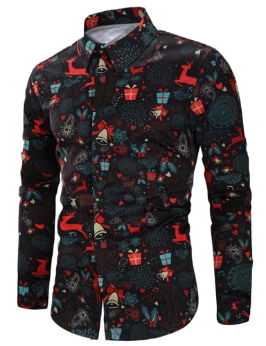 Kvruhuiy Camisas casuales para hombre Camisas navideñas divertidas impresas con botones camisetas de manga larga camisa de disfraz de Navidad para fiesta de festival, Negro , M