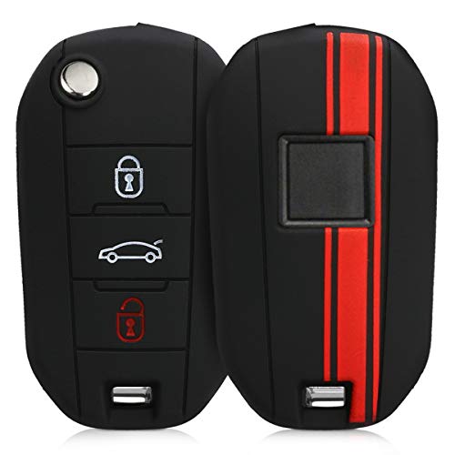 kwmobile Carcasa Compatible con Llavero de Peugeot Citroen Llave de Coche Plegable de 3 Botones Funda - Funda para Mando de Coche de Silicona - Rojo/Negro