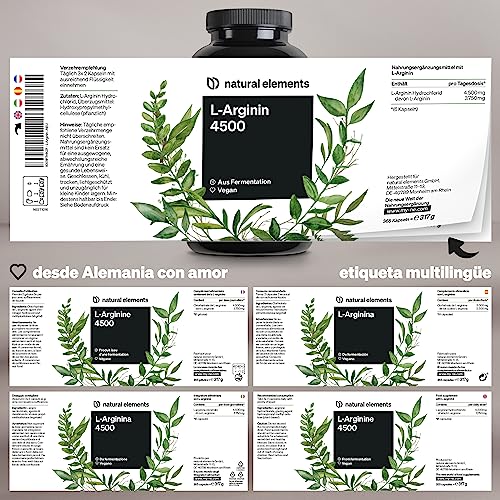 L-Arginina – 365 cápsulas veganas – 4.500 mg de L-arginina vegetal por dosis diaria (3.750 mg l-arginina pura) – alta dosificación – producto fabricado y probado en laboratorio en Alemania