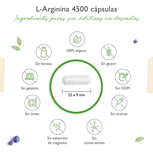 L-Arginina - 365 cápsulas veganas - Premium: 4500 mg de L-Arginina pura por dosis diaria - Elaborada por fermentación vegetal - Altamente dosificada - Vegana