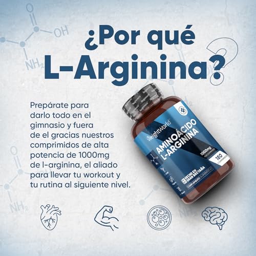 L-Arginina Pura de 1000mg de Potencia 180 Comprimidos Veganos - Suplemento Pre Entreno Sin Estimulantes de Aminoácido Generador Natural de Óxido Nítrico Para 6 Meses de Suministro