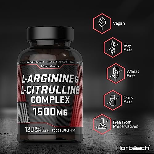 L Arginina y Citrulina 1500 mg | L Arginina 1000 mg y L Citrulina 500 mg | 120 Cápsulas | Complejo de suplementos de aminoácidos | por Horbaach