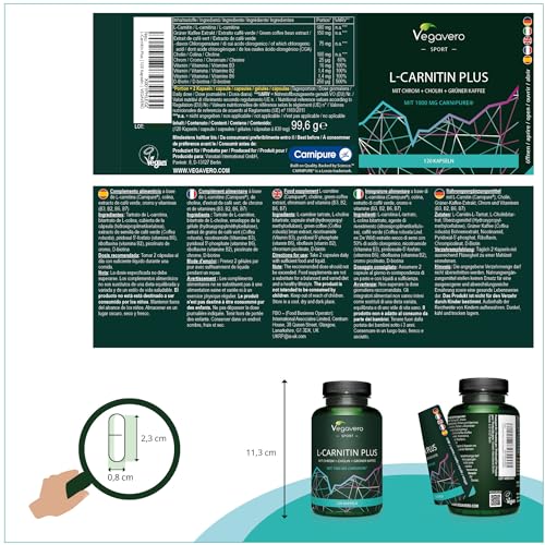 L-CARNITINA COMPLEX | CARNIPURE® | Café Verde + Vitaminas B + Cromo | PRE WORKOUT + PARA la Figura | ALTA concentración | Energía | Sin Aditivos & Vegano | 120 Cápsulas | Vegavero&reg