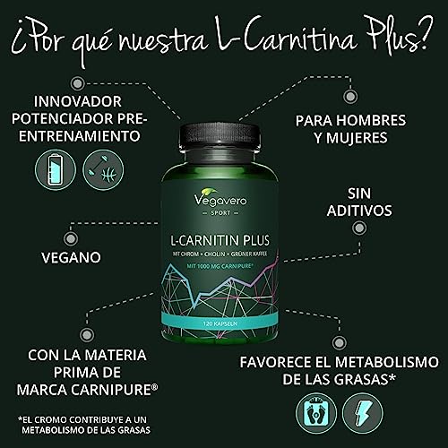 L-CARNITINA COMPLEX | CARNIPURE® | Café Verde + Vitaminas B + Cromo | PRE WORKOUT + PARA la Figura | ALTA concentración | Energía | Sin Aditivos & Vegano | 120 Cápsulas | Vegavero&reg