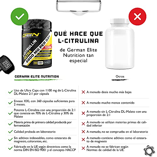 L-Citrulina 360 cápsulas - Dosificación extra alta con 1100 mg por cápsula - 6600 mg por ración - L-Citrulina DL-Malato 2:1 de fermentación vegetal - Sin aditivos no deseados