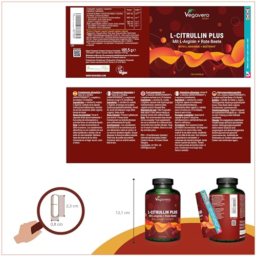 L-Citrulina + L-Arginina + Remolache Vegavero® | más de 2900 mg de L Citrulina Malato | Fermentación Vegetal | Sin Aditivos | Pre Workout | Testado en Laboratorio | Vegano | Calidad Alemán