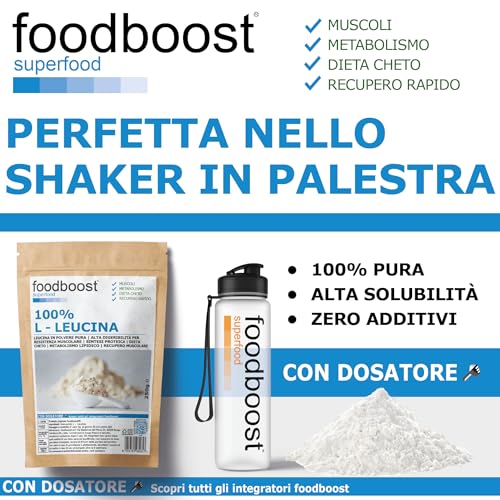 L - Leucina pura en polvo 250 g foodboost - sin aditivos - con dosificador - para masa muscular, dieta cetogénica, marca de confianza italiana, pre entrenamiento - 100 dosis