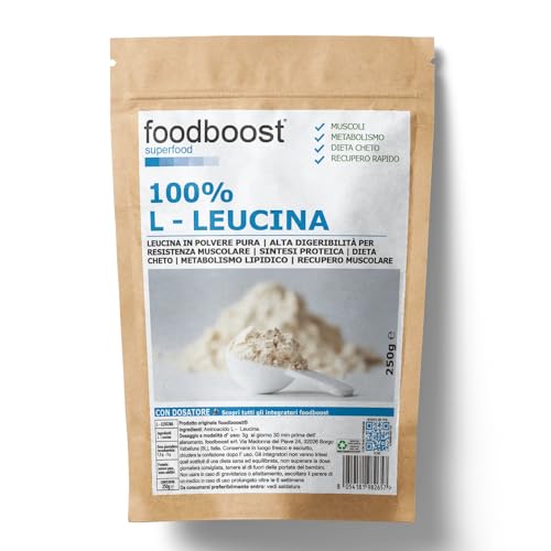 L - Leucina pura en polvo 250 g foodboost - sin aditivos - con dosificador - para masa muscular, dieta cetogénica, marca de confianza italiana, pre entrenamiento - 100 dosis