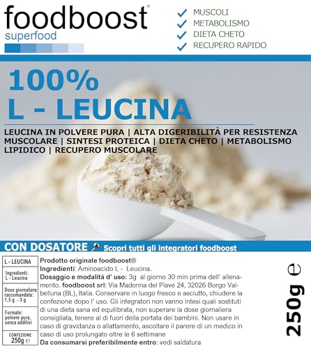 L - Leucina pura en polvo 250 g foodboost - sin aditivos - con dosificador - para masa muscular, dieta cetogénica, marca de confianza italiana, pre entrenamiento - 100 dosis