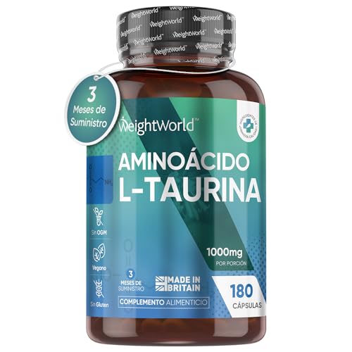 L-Taurina Pura 1000mg Alta Dosis 180 Cápsulas Veganas - 3 Meses de Suministro, Suplemento Deportivo para Hombres y Mujeres, Micronutriente para Pre- y Post-Entrenamiento