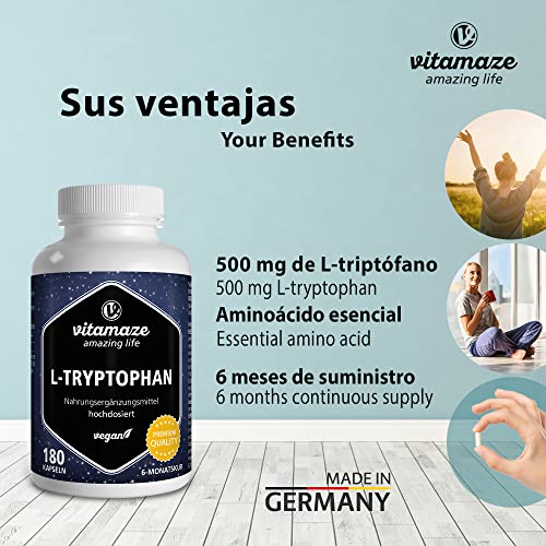 L-Triptófano Puro 500mg - 180 Cápsulas para 6 Meses - Sueño Reparador y Relajación - Aminoácido Esencial Naturalmente Fermentado - Sin Aditivos - Calidad Alemana - Vitamaze