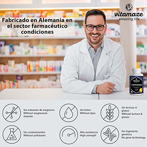 L-Triptófano Puro 500mg - 180 Cápsulas para 6 Meses - Sueño Reparador y Relajación - Aminoácido Esencial Naturalmente Fermentado - Sin Aditivos - Calidad Alemana - Vitamaze