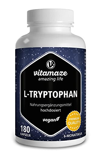 L-Triptófano Puro 500mg - 180 Cápsulas para 6 Meses - Sueño Reparador y Relajación - Aminoácido Esencial Naturalmente Fermentado - Sin Aditivos - Calidad Alemana - Vitamaze