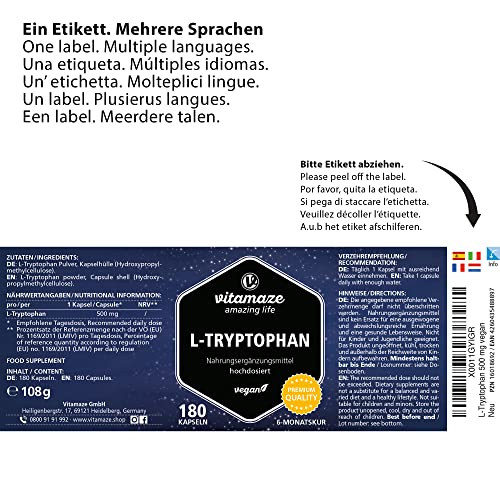 L-Triptófano Puro 500mg - 180 Cápsulas para 6 Meses - Sueño Reparador y Relajación - Aminoácido Esencial Naturalmente Fermentado - Sin Aditivos - Calidad Alemana - Vitamaze