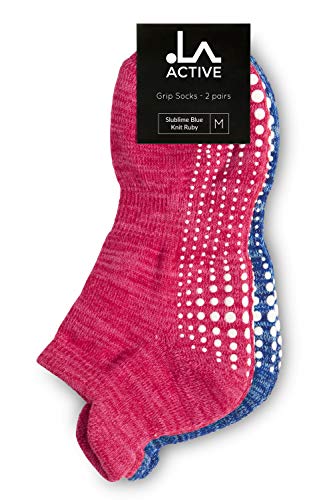 LA Active Calcetines Antideslizantes - 2 Pares - Para Yoga Pilates Ballet Barre Mujer Hombre (Azul y Rojo, 40-44 EU)