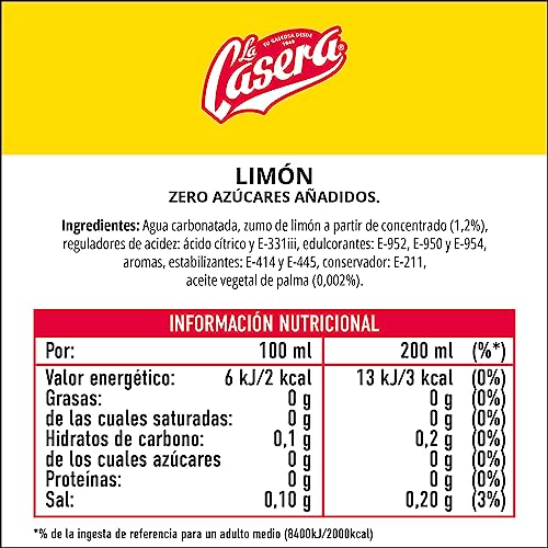 La Casera® Limón, Refresco con gas de Limón con Cero Azúcares añadidos - Botella, Pack 6 x 1,5 L