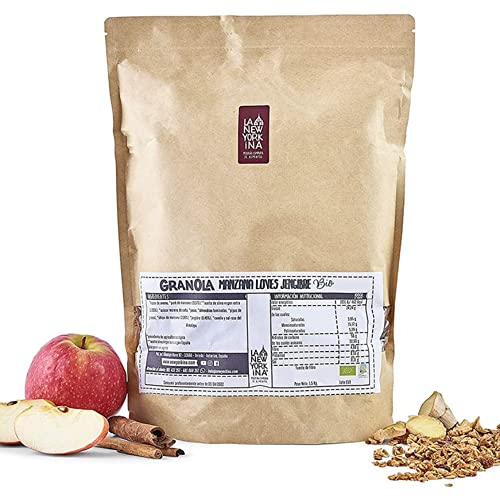 LA NEWYORKINA Granola Manzana Loves Jengibre con Avena Integral, Puré de Manzana y AOVE. Snack Crujiente y Saludable Bio para Desayuno y Merienda. Granola Artesana Ecológica y Vegana. Envase de 1,5Kg