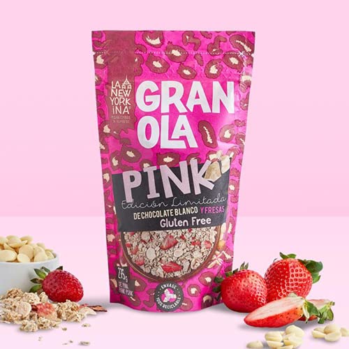 LA NEWYORKINA. Granola Pink con Chocolate Blanco y Fresas. Snack Crujiente y Saludable para Desayuno y Merienda. Granola Artesanal Sin Gluten en Envase de 275gr