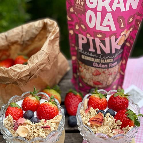 LA NEWYORKINA. Granola Pink con Chocolate Blanco y Fresas. Snack Crujiente y Saludable para Desayuno y Merienda. Granola Artesanal Sin Gluten en Envase de 275gr