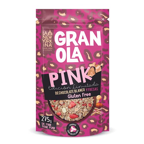 LA NEWYORKINA. Granola Pink con Chocolate Blanco y Fresas. Snack Crujiente y Saludable para Desayuno y Merienda. Granola Artesanal Sin Gluten en Envase de 275gr