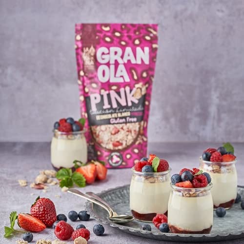 LA NEWYORKINA. Granola Pink con Chocolate Blanco y Fresas. Snack Crujiente y Saludable para Desayuno y Merienda. Granola Artesanal Sin Gluten en Envase de 275gr