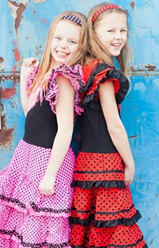 La Senorita Vestido Flamenco Sevillana Español Traje de Flamenca para niñas Rojo Negro Largo: 95 cm, 9-10 años