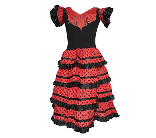 La Senorita Vestido Flamenco Sevillana Español Traje de Flamenca para niñas Rojo Negro Largo: 95 cm, 9-10 años