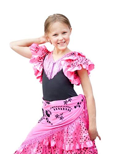 La Senorita Vestido Flamenco Sevillanas Español Traje de Flamenca para niñas Rosa Negro Largo: 60 cm 3-4 años