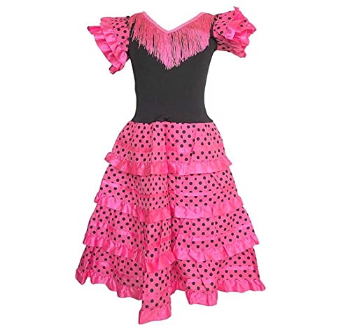 La Senorita Vestido Flamenco Sevillanas Español Traje de Flamenca para niñas Rosa Negro Largo: 60 cm 3-4 años