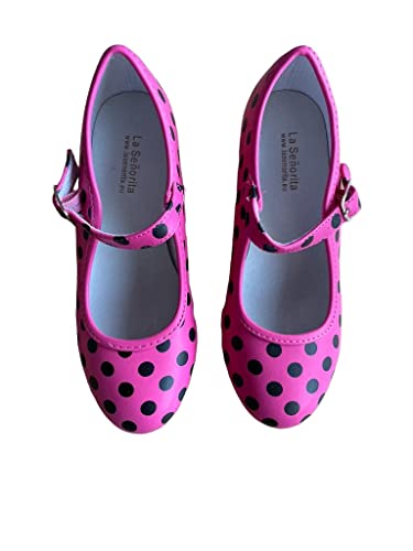 La Senorita Zapatos de Flamenco para Niñas [Talla 24 a 37]. Zapatos de Tacón para Sevillanas y Clases de Baile Zapatos de Gitana Rosas con Lunares Negros