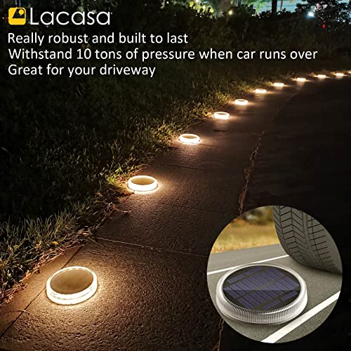 Lacasa 4 Pack Luces Solares Exterior, Lámpara Solar Jardin 24 LED 360° Iluminación IP68 Impermeable Auto ON/OFF Luz Solar del Piso para Step Garaje Camino Deck Entrada Calle Valla - Blanco Cálido