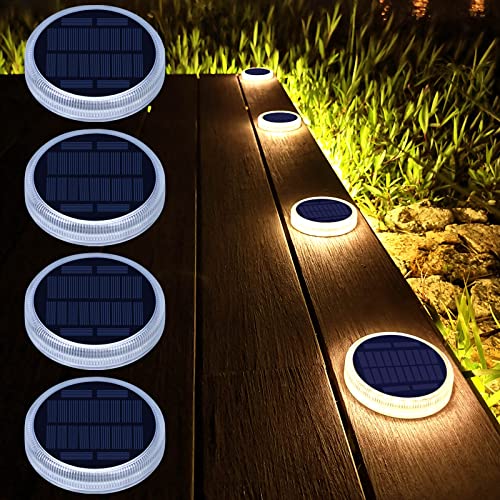 Lacasa 4 Pack Luces Solares Exterior, Lámpara Solar Jardin 24 LED 360° Iluminación IP68 Impermeable Auto ON/OFF Luz Solar del Piso para Step Garaje Camino Deck Entrada Calle Valla - Blanco Cálido