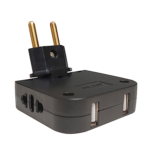 Ladrón Enchufe Ultra Plano, 4 en 1: 2X Puertos USB y 2X enchufes (Adaptador Europeo y Americano), Cabezal Giratorio 180 Grados