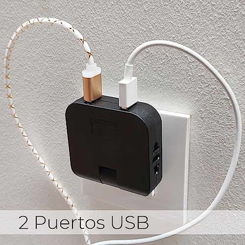 Ladrón Enchufe Ultra Plano, 4 en 1: 2X Puertos USB y 2X enchufes (Adaptador Europeo y Americano), Cabezal Giratorio 180 Grados