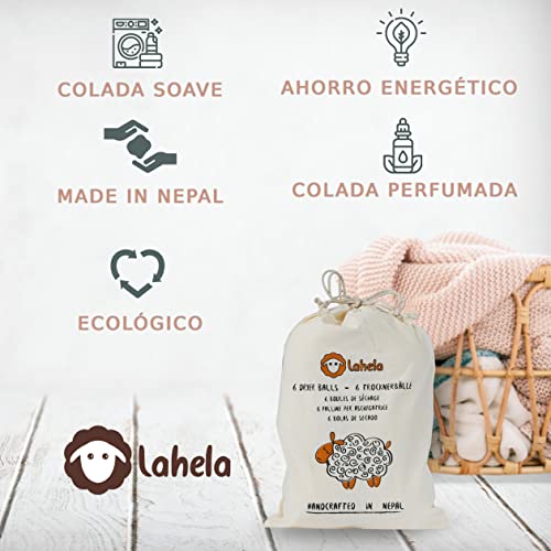 LAHELA. 6 bolas XXL para secadora. Colada suave y ahorro energético. Alternativa ecológica al suavizante para secar ropa. 100% lana de merino natural, sin productos químicos ni plásticos. Elaboradas a mano en Nepal con condiciones laborales justas