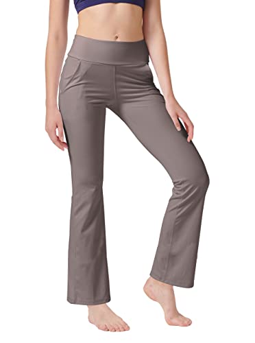 LaiEr Pantalones de yoga para mujer con 4 bolsillos, cintura alta, pantalones de trabajo elásticos en 4 direcciones, control de abdomen, pantalones largos acampanados, Lignt Brown (2 bolsillos