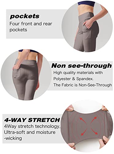 LaiEr Pantalones de yoga para mujer con 4 bolsillos, cintura alta, pantalones de trabajo elásticos en 4 direcciones, control de abdomen, pantalones largos acampanados, Lignt Brown (2 bolsillos