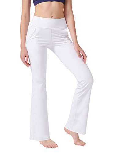 LaiEr Pantalones de Yoga para Mujer con 4 Bolsillos, Pantalones de Trabajo de Cintura Alta en 4 direcciones, Pantalones Largos Acampanados con Control de Abdomen, Blanco,XXXL