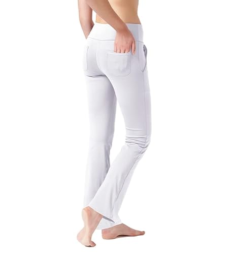 LaiEr Pantalones de Yoga para Mujer con 4 Bolsillos, Pantalones de Trabajo de Cintura Alta en 4 direcciones, Pantalones Largos Acampanados con Control de Abdomen, Blanco,XXXL