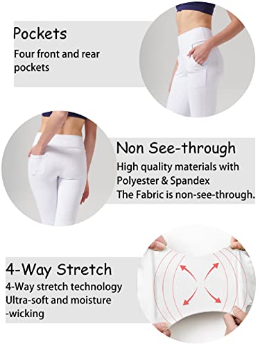 LaiEr Pantalones de Yoga para Mujer con 4 Bolsillos, Pantalones de Trabajo de Cintura Alta en 4 direcciones, Pantalones Largos Acampanados con Control de Abdomen, Blanco,XXXL