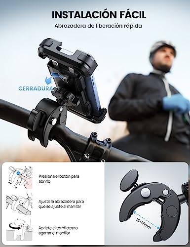 Lamicall Soporte Móvil Bicicleta, Soporte Móvil Moto - 360°Rotación, Liberación con un Botón, Soporte Teléfono Bici para iPhone 15 14 13 12 11 Pro MAX/Plus/Mini, Samsung, Huawei, 4.7-6.8” Smartphone