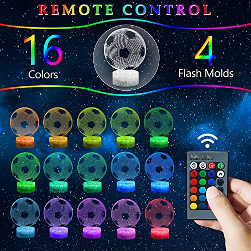 Lámpara 3D Fútbol de Ilusión óptica Luz Nocturna Infantil, Lámpara de Noche de 16 Colores con Control Remoto, Lámpara de Decoración Regalo Para Niños Hombres(Base Agrietada)