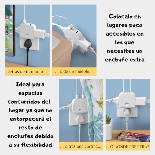 Landrón-Enchufe Extra Plano con Cabezal Giratorio 180º - 2 Puertos de Carga USB y 2 Enchufes Convencionales válidos para Toma Europea y Americana - Carga Rápida e Ideal para Espacios reducidos