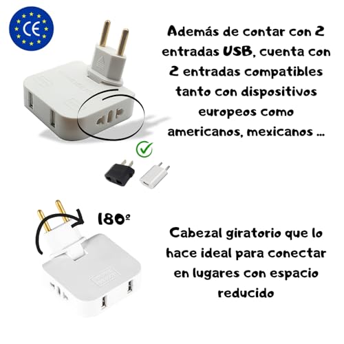 Landrón-Enchufe Extra Plano con Cabezal Giratorio 180º - 2 Puertos de Carga USB y 2 Enchufes Convencionales válidos para Toma Europea y Americana - Carga Rápida e Ideal para Espacios reducidos