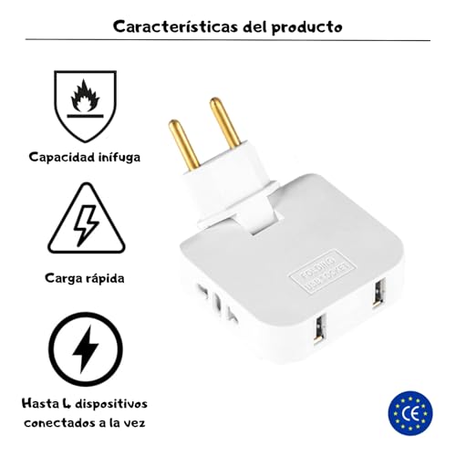 Landrón-Enchufe Extra Plano con Cabezal Giratorio 180º - 2 Puertos de Carga USB y 2 Enchufes Convencionales válidos para Toma Europea y Americana - Carga Rápida e Ideal para Espacios reducidos