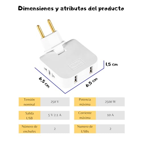 Landrón-Enchufe Extra Plano con Cabezal Giratorio 180º - 2 Puertos de Carga USB y 2 Enchufes Convencionales válidos para Toma Europea y Americana - Carga Rápida e Ideal para Espacios reducidos