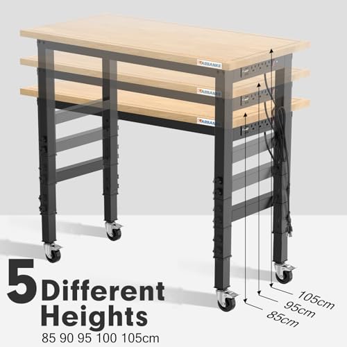 LARBANKE 120CM Banco de Trabajo,Banco de Trabajo de Madera de Caucho Tiene Ajustable 5 Alturas Diferentes,Mesa de Trabajo de Madera dura Capacidad de Peso de 900KG,con Ruedas de Freno